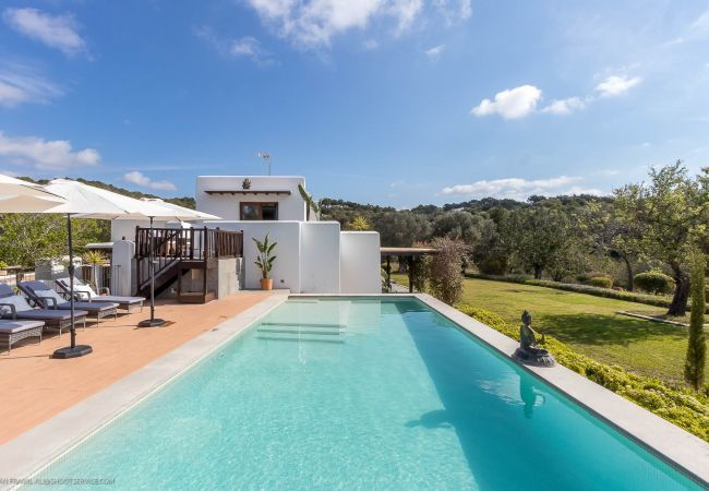 Blick auf den Garten und den Pool der Villa Agroturismo in Santa Eulalia, Ibiza