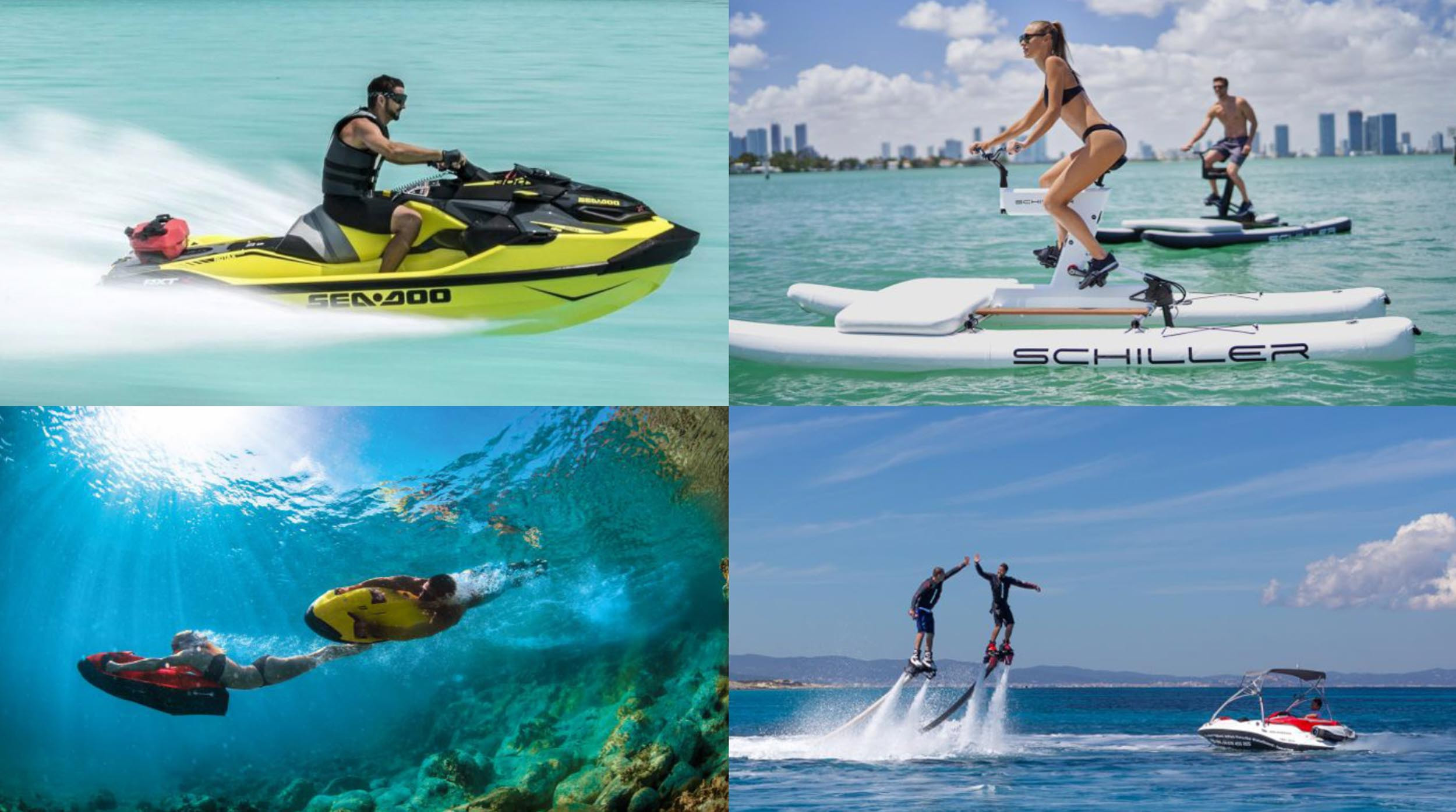 Several water sports to practise in Ibiza: Flyboard, Seabob water propellers, Schiller water bikes, giant paddlesurf from our boats