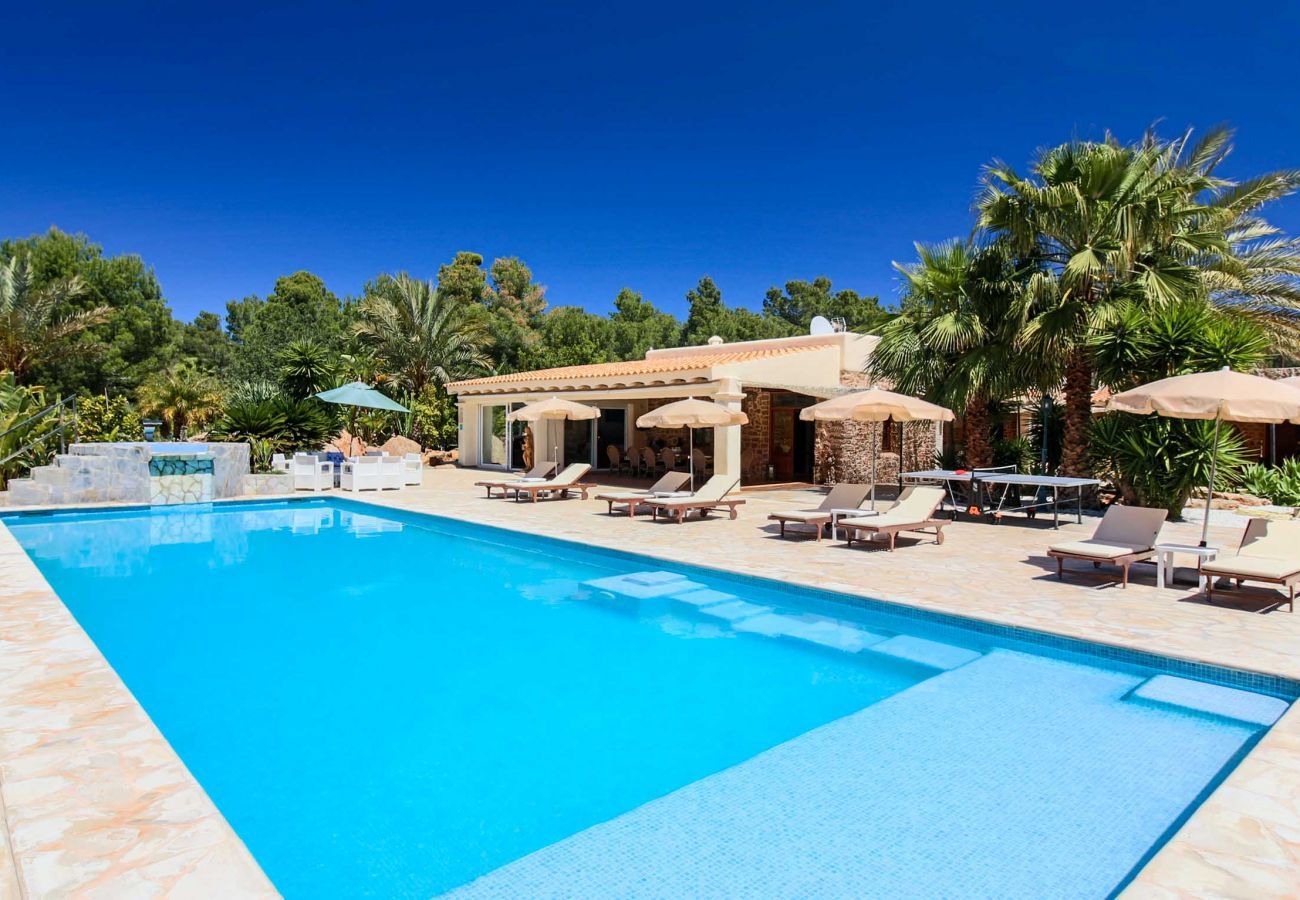 Can Cama offers a large private swimming pool, surrounded by umbrellas and sun loungers for about 15 people.