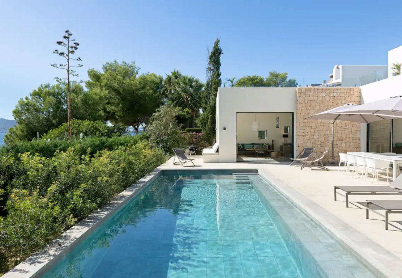 Modern exterior with private pool of Villa Algueras in Ibiza.