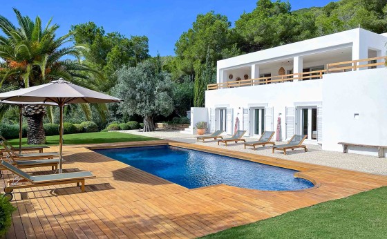 Piscina climatizada rodeada de tarima exótica y palmeras