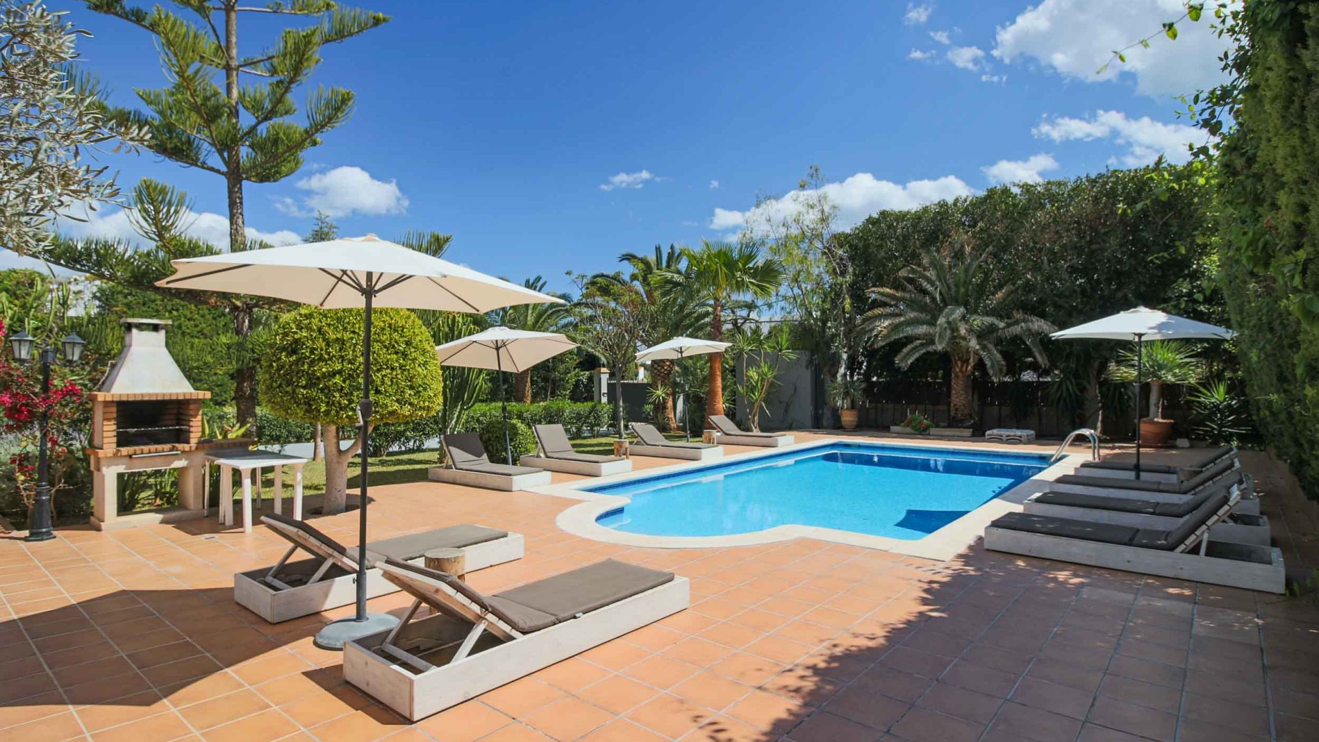 Piscina privada rodeada de jardín y tumbonas
